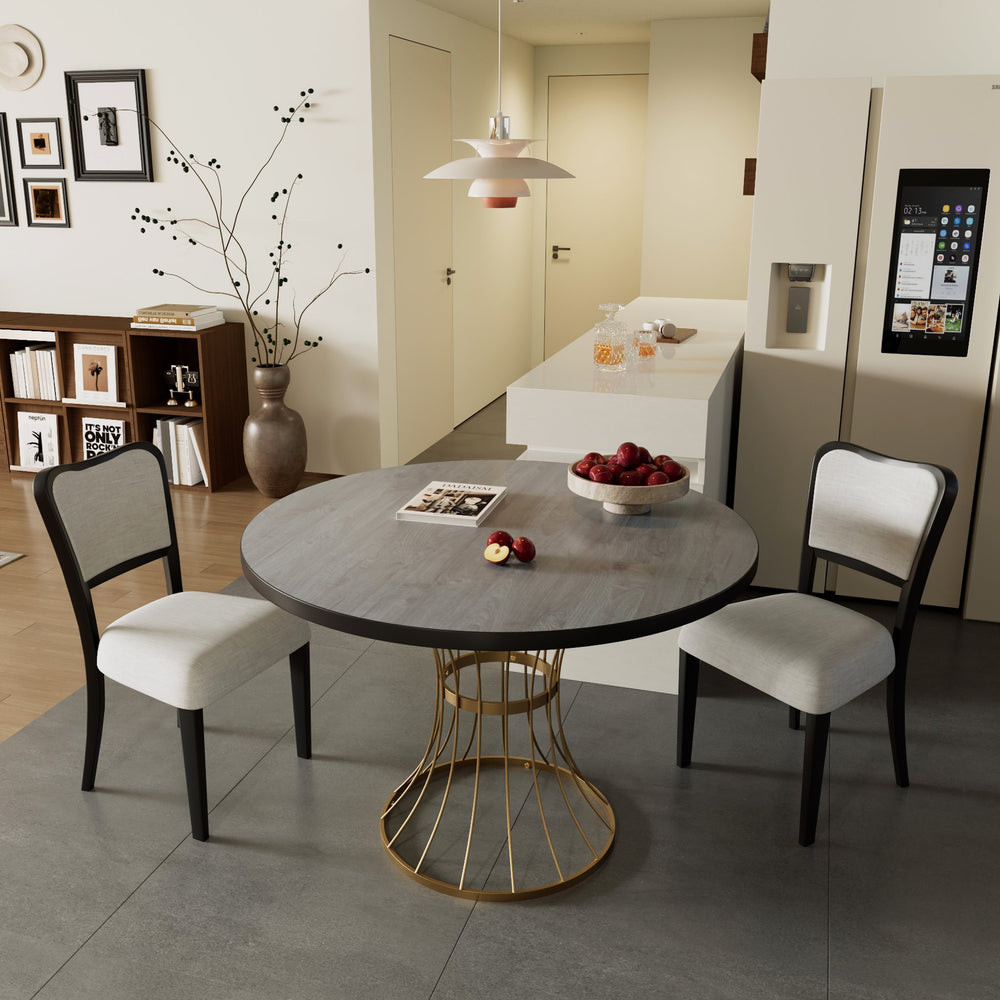 English Elm 42" Round Oak Veneer Pedestal Dining Set with Linen Chairs for Compact Spaces N842PS125127B