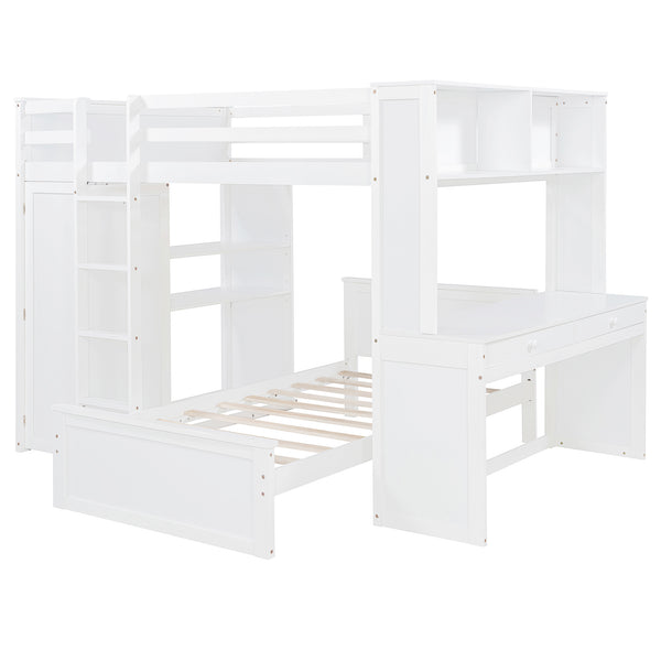 English Elm Full Twin Loft Bed with Desk Wardrobe Shelves Pine Wood Frame Kids Bedroom White LT000821AAK-1