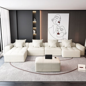 English Elm Modern Modular Sectional Sofa - Luxurious Chenille Fabric, 8 Pillows, No Assembly Needed, Beige/White W1885S00069