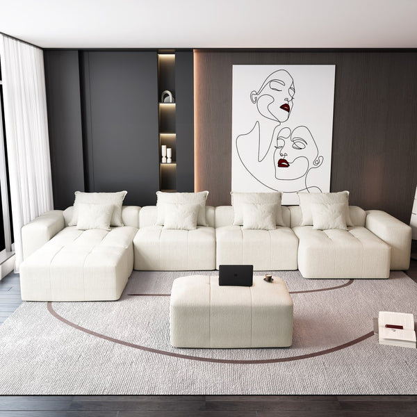English Elm Modern Modular Sectional Sofa - Luxurious Chenille Fabric, 8 Pillows, No Assembly Needed, Beige/White W1885S00069