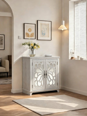 English Elm Elegant Mirrored Sideboard with Butterfly Carved Doors Wood Grain Finish Dining Storage Light Gray W2899P372740