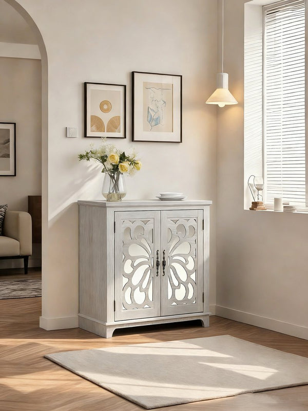 English Elm Elegant Mirrored Sideboard with Butterfly Carved Doors Wood Grain Finish Dining Storage Light Gray W2899P372740