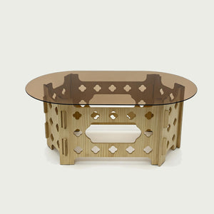 English Elm Oval Tempered Glass Coffee Table Carved Floral Wood Base Living Room Pet Nest W3935P481196
