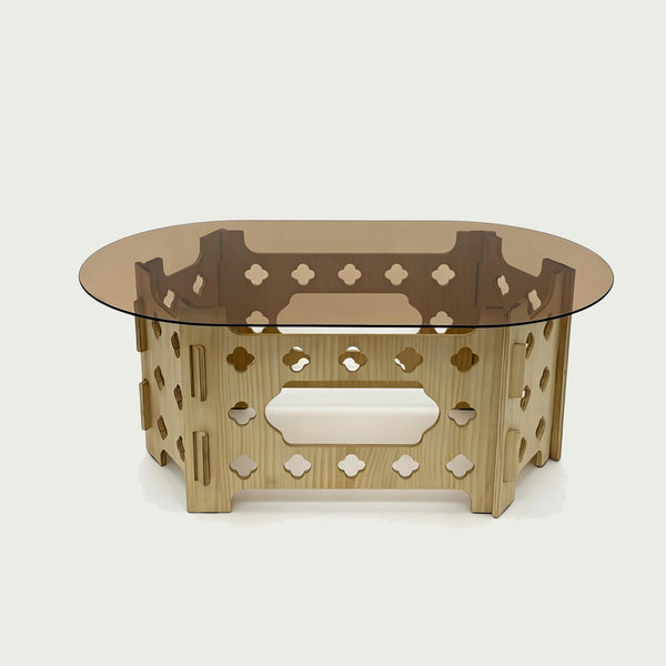 English Elm Oval Tempered Glass Coffee Table Carved Floral Wood Base Living Room Pet Nest W3935P481196