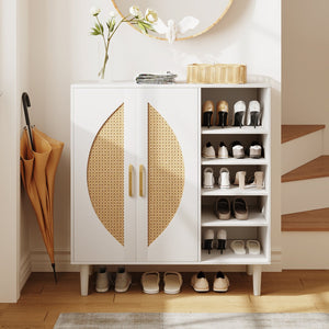 English Elm 20 Pairs Shoe Cabinet White & Light Oak with 8 Adjustable Shelves, Ventilated Back, Anti-Tip Design T3833P366595