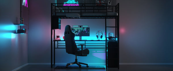 English Elm Twin Metal Loft Bed with LED Desk & 4 Shelves, Black — Sturdy Metal/Wood Frame, Space-Saving Design GX000652AAB