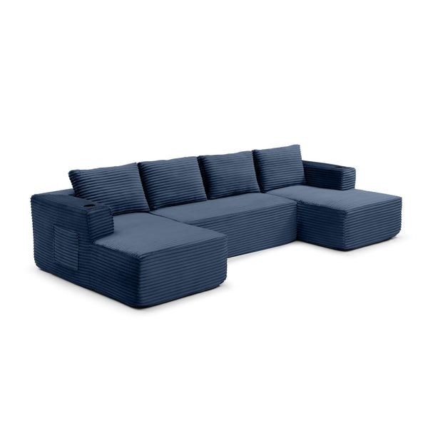 English Elm 132" Modular U-shaped Cloud Sectional Corduroy Deep Seat Sofa with Cupholders W1117S00345