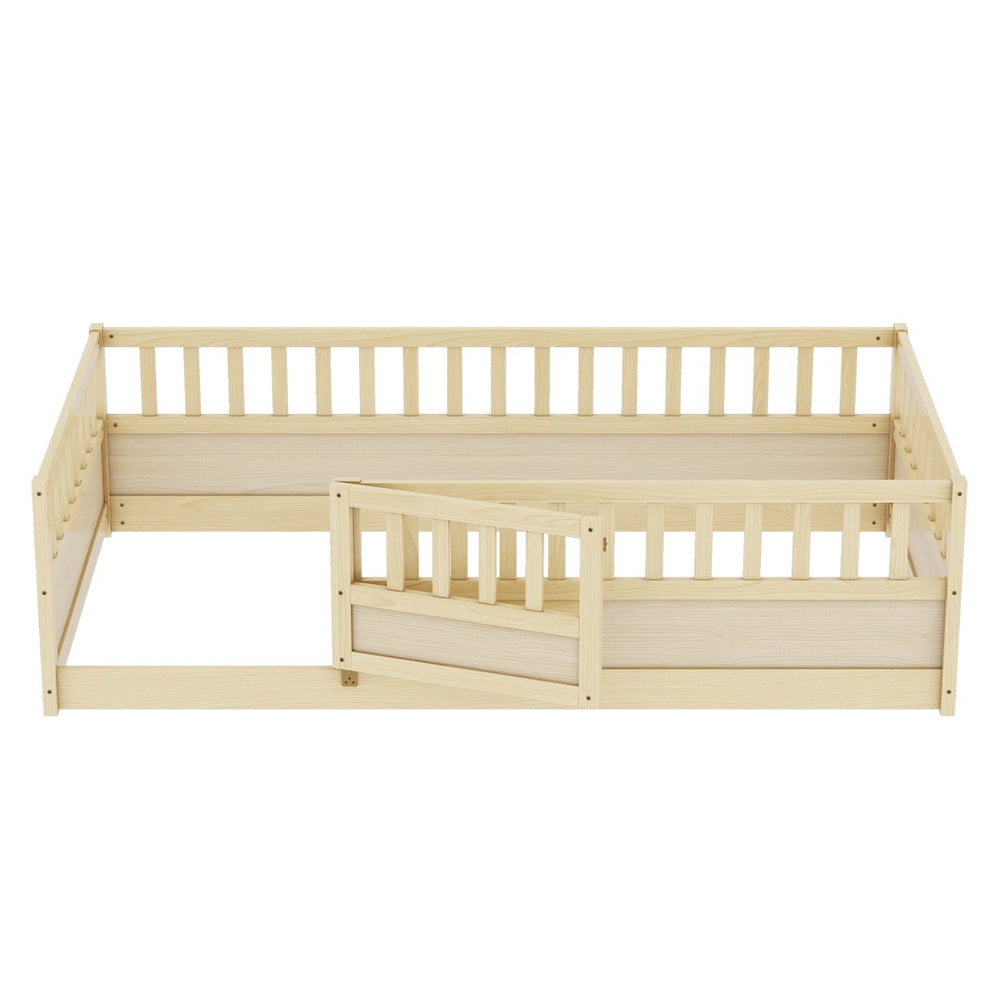 English Elm Twin Size Montessori Floor Bed With High Security Barrier & Child-Friendly Door - Natural Wood W1858P195272-GIGA