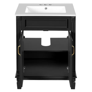 English Elm 24'' Bathroom Vanity with Sink - Solid Wood Frame, Glossy Ceramic Basin, Soft-Close Doors & Ample Storage Elegant Modern Design, Durable MDF Construction, Retro Metal Handles, Compact 24-inch Cabinet Black N710P317675B