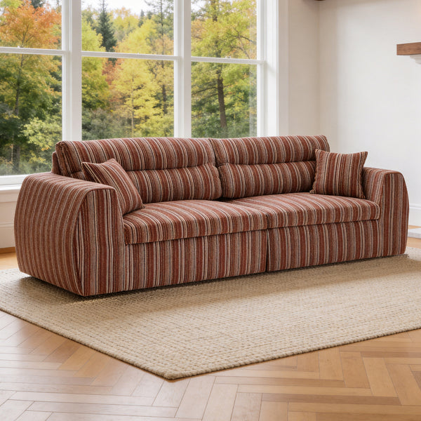 English Elm Chenille Stripe Velvet Sofa Three Seat Minimalist Upholstered Couch for Living Room Mahogany,Red+Brown W5532S00013