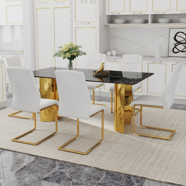 English Elm Table Set With Glass Imitation Marble Top & Gold Legs – 6 Pu Chairs For Stylish Dining & Entertaining W1151S04326-GIGA