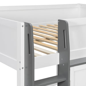 English Elm Twin House Loft Bed with Pull Out Rolling Desk Stair Drawers and Cabinet Storage White+Gray N820S00074E