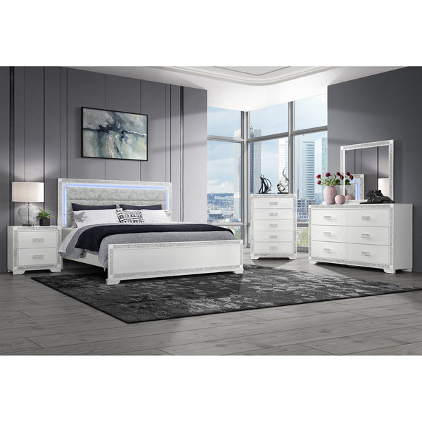 English Elm Soulmarie Solid Wood Nightstand with Spacious Drawers, Geometric Legs, Glitter Detail, Sturdy Contemporary Design White 29.92 L x 20.28 W x 28.35 H B201P410798