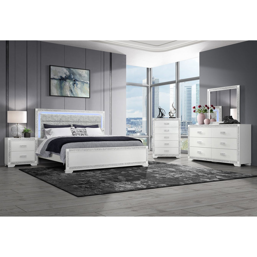 English Elm Soulmarie King Bedroom Set with Led Lighting Glam Glitter Padded Headboard 5 Piece B201S00455