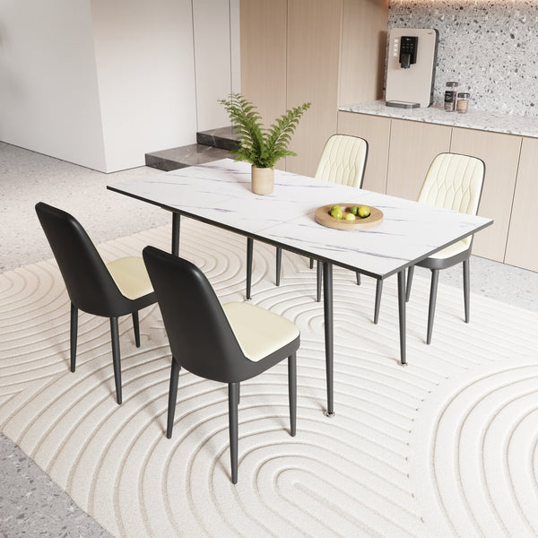 English Elm 47"-63" Extendable Mdf Dining Set Seats Six with Pu Chairs and Black Metal Legs W2189S00922