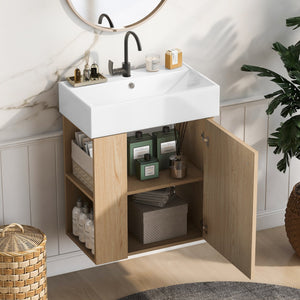 English Elm 21.6 Modern Floating Bathroom Vanity with Ceramic Basin, Wave Door, Rose Gold Handle, Space-Saving Wood N729P170390D