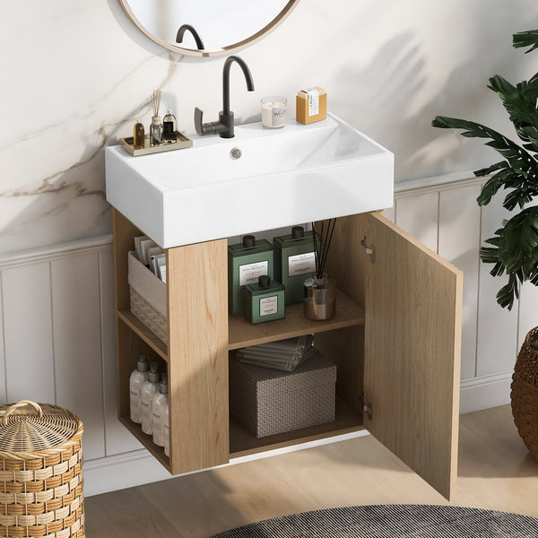 English Elm 21.6 Modern Floating Bathroom Vanity with Ceramic Basin, Wave Door, Rose Gold Handle, Space-Saving Wood N729P170390D