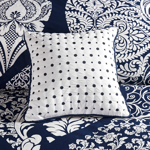 English Elm 7 Piece Cotton Printed Comforter Set - Elegant Damask Queen Bedding With Decorative Pillows & Skirt B03596961