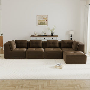 English Elm Modern Corduroy Sectional Sofa with Tufted Cushions Deep Seat and Movable Ottoman Brown W714S01811