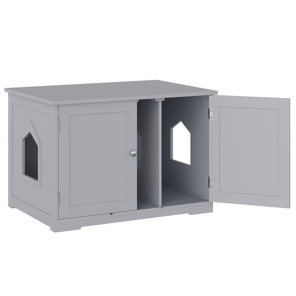 English Elm PawHut Modern Cat Litter Box Cabinet with Adjustable Partition, End Table, Hidden Storage, Dark Gray W2225P217304