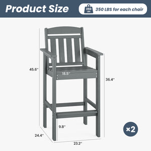 English Elm Tall Adirondack Chairs Set of 2 with Removable Tray & Umbrella Hole, Wood-Grain HDPE Bar Stools for Patio Comfort and Durability Grey T3623P408129