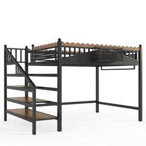 English Elm Twin Xl Metal Loft Bed with Stair Storage Shelves Sturdy Steel Frame for Dorms W1580S00379