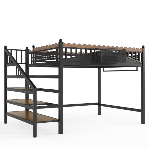 English Elm Twin Xl Metal Loft Bed with Stair Storage Shelves Sturdy Steel Frame for Dorms W1580S00379