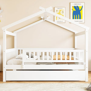 English Elm Full Size Pine House Bed with Roofline Frame and Roll Out Twin Trundle for Kids LP100306AAK