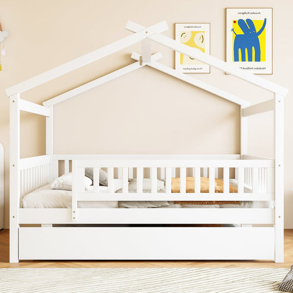 English Elm Full Size Pine House Bed with Roofline Frame and Roll Out Twin Trundle for Kids LP100306AAK