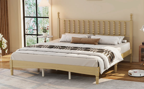 English Elm King Rubberwood Platform Bed Sculptural Gourd Headboard Retro Natural Finish Bedroom N733P338316M