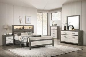 English Elm 1pc Queen Size Platform Storage Bed with Plank Headboard and Built-In Lighting, Modern Farmhouse Design Beige,Gray 66.9 L x 30.7 W x 11.25 H B2741P343797