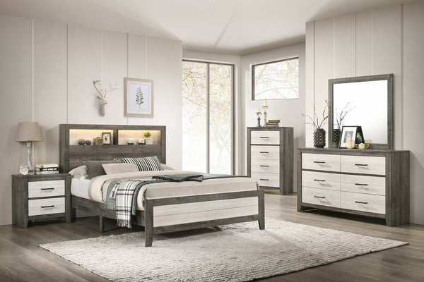 English Elm 1pc Queen Size Platform Storage Bed with Plank Headboard and Built-In Lighting, Modern Farmhouse Design Beige,Gray 66.9 L x 30.7 W x 11.25 H B2741P343797