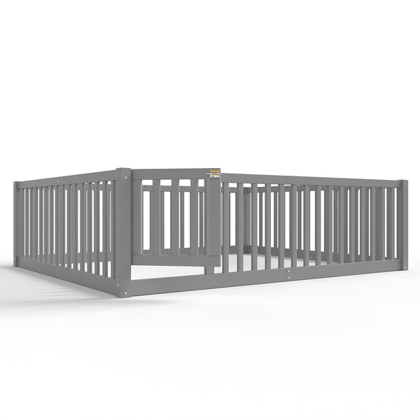 English Elm Queen Kids Floor Bed Pine Wood Frame with Safety Rails Door and Low Profile Design Gray W1580P418053
