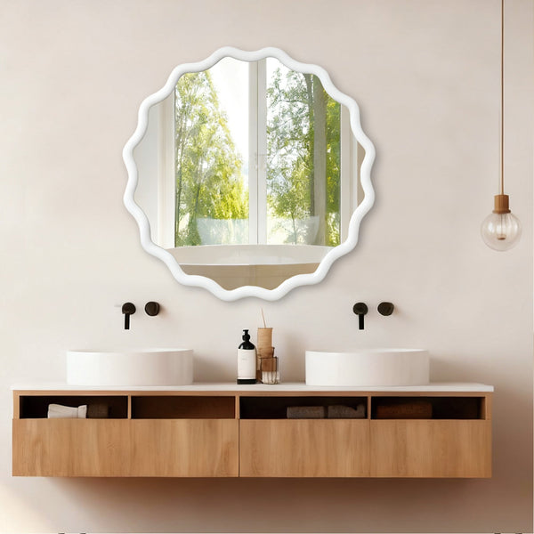 English Elm White 36 Inch Wavy Round Solid Wood Frame Mirror – Rustic Boho Decorative Wall Mirror for Home Vanity W2203P389085