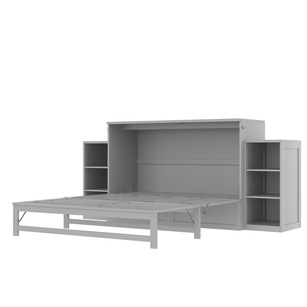 English Elm Queen Murphy Wall Bed with Open Shelves and Drawers for Guest or Office Rooms Light Gray W5316S00008