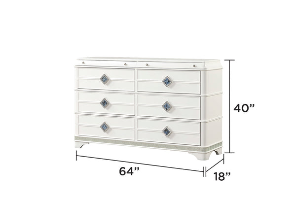 English Elm Laguna 6-Drawer Modern Dresser With Hidden Jewelry Drawer & Elegant Crystal Accents In White Finish B009P270823