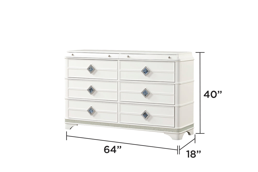 English Elm Laguna Modern 6-Drawer Dresser In White With Crystal Accents, Hidden Jewelry Compartment & Soft-Close G150108980