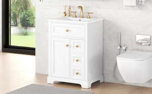 English Elm "24'' 24 Inch Glossy Freestanding Bathroom Vanity with Gold Hardware and Soft Close Storage White Pinewood N725P375495K