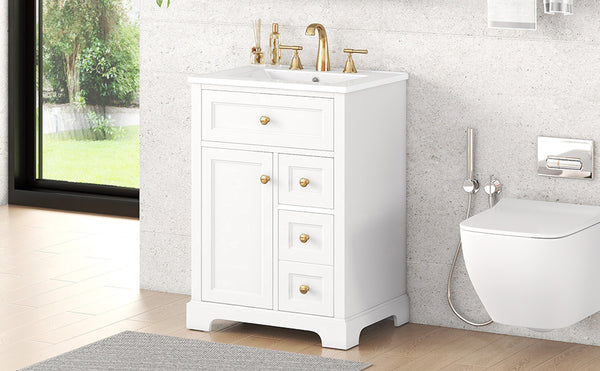 English Elm "24'' 24 Inch Glossy Freestanding Bathroom Vanity with Gold Hardware and Soft Close Storage White Pinewood N725P375495K