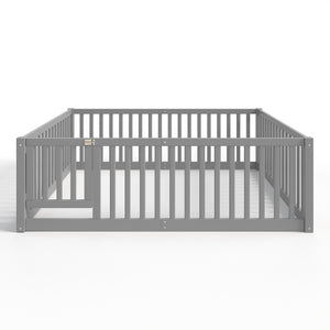 English Elm Twin Floor Bed Pine Wood Frame with Guardrails and Door for Safe Toddler Sleep Gray W1580P418052