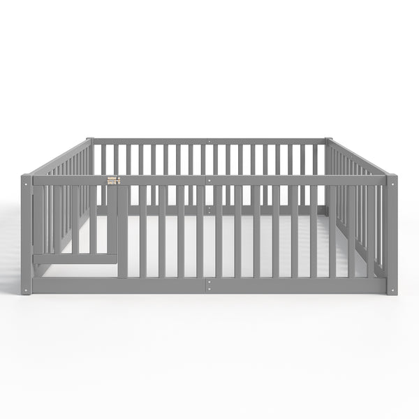 English Elm Twin Floor Bed Pine Wood Frame with Guardrails and Door for Safe Toddler Sleep Gray W1580P418052