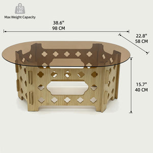 English Elm Oval Tempered Glass Coffee Table Carved Floral Wood Base Living Room Pet Nest W3935P481196