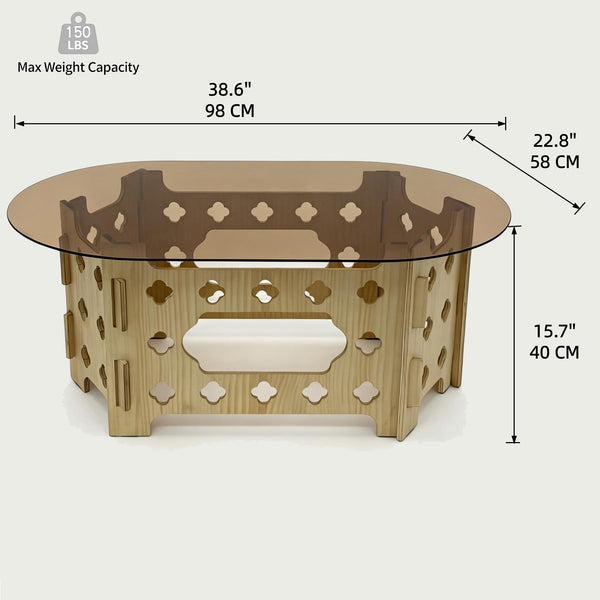 English Elm Oval Tempered Glass Coffee Table Carved Floral Wood Base Living Room Pet Nest W3935P481196