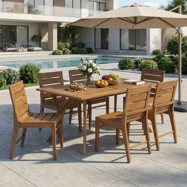 English Elm 7 Piece Outdoor Acacia Wood Dining Set Teak Finish Slatted Table Six Patio Chairs N773OD00146T