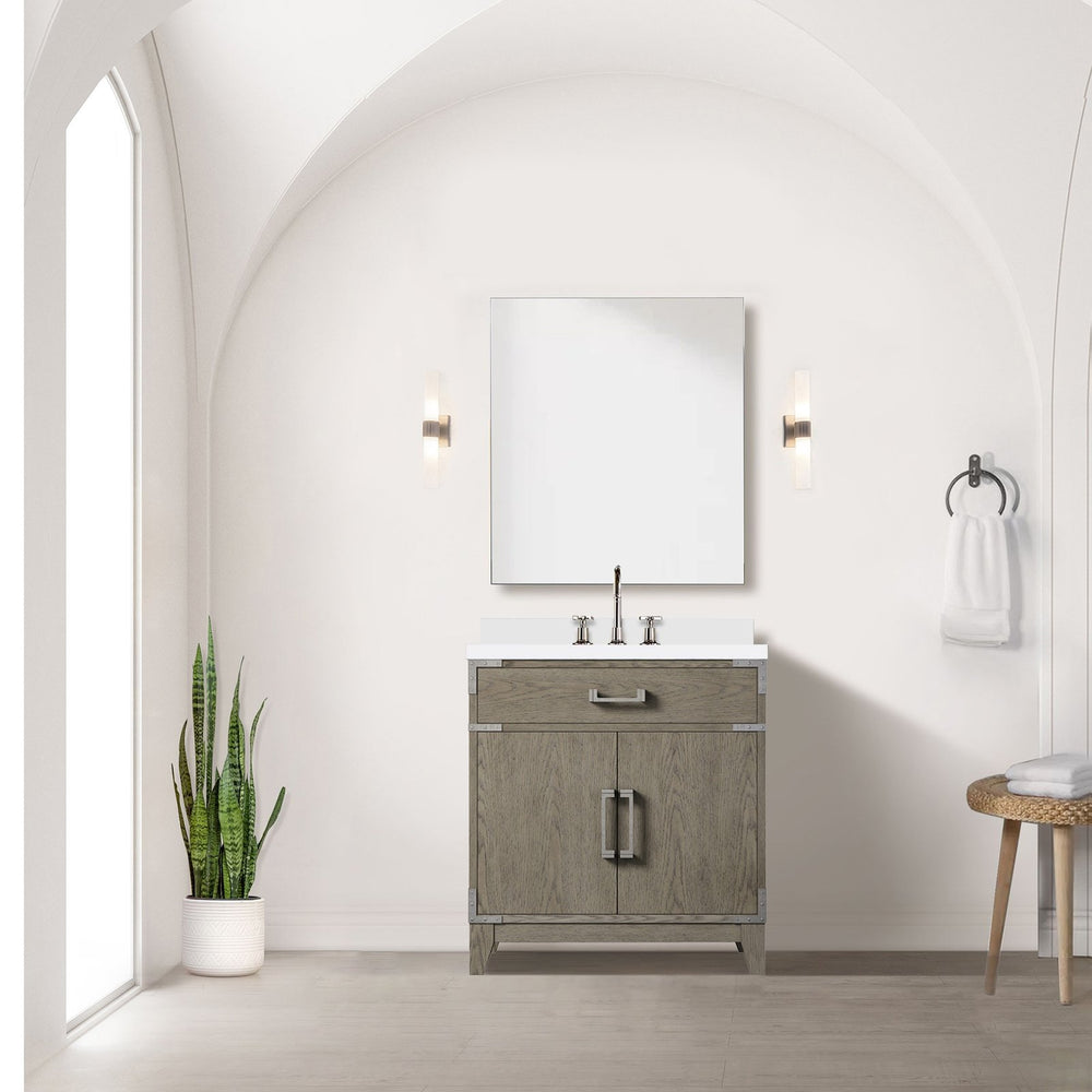 English Elm Grey Oak Single Bath Vanity with White Quartz Top, 30" W, Mirror & Chrome Faucet Set, Durable Finish B2731S02006