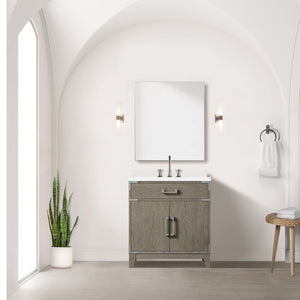 English Elm Grey Oak Single Bath Vanity with White Quartz Top, 30" W, Mirror & Chrome Faucet Set, Durable Finish B2731S02006