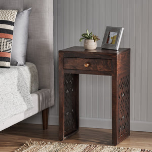 English Elm Christopher Knight Home® - End handcrafted traditional wood end table with carved detailing, mango-faux wood finish, drawer storage, 18"W 67337.00