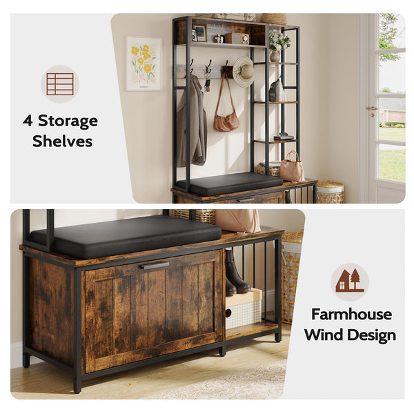 English Elm Hall Tree Entryway Organizer with Cushioned Bench Shoe Cabinet and Coat Hooks Brown+Black T5618P448217