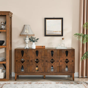 English Elm 60.5" Mid Century Sideboard Buffet with 4 Doors, Adjustable Shelves, Outlet Holes — Walnut TV Console W1801P224330