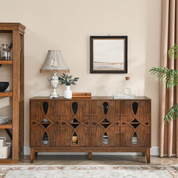 English Elm 60.5" Mid Century Sideboard Buffet with 4 Doors, Adjustable Shelves, Outlet Holes — Walnut TV Console W1801P224330